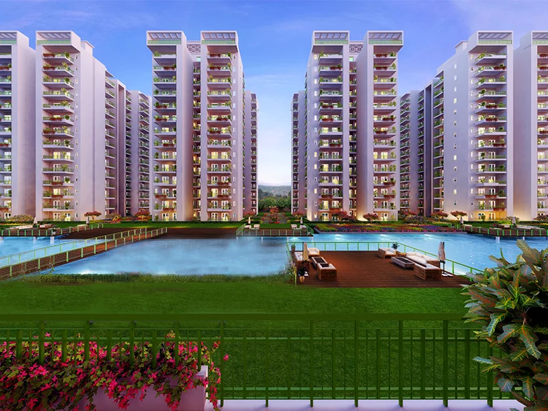 Apartment towers beside landscaped water features